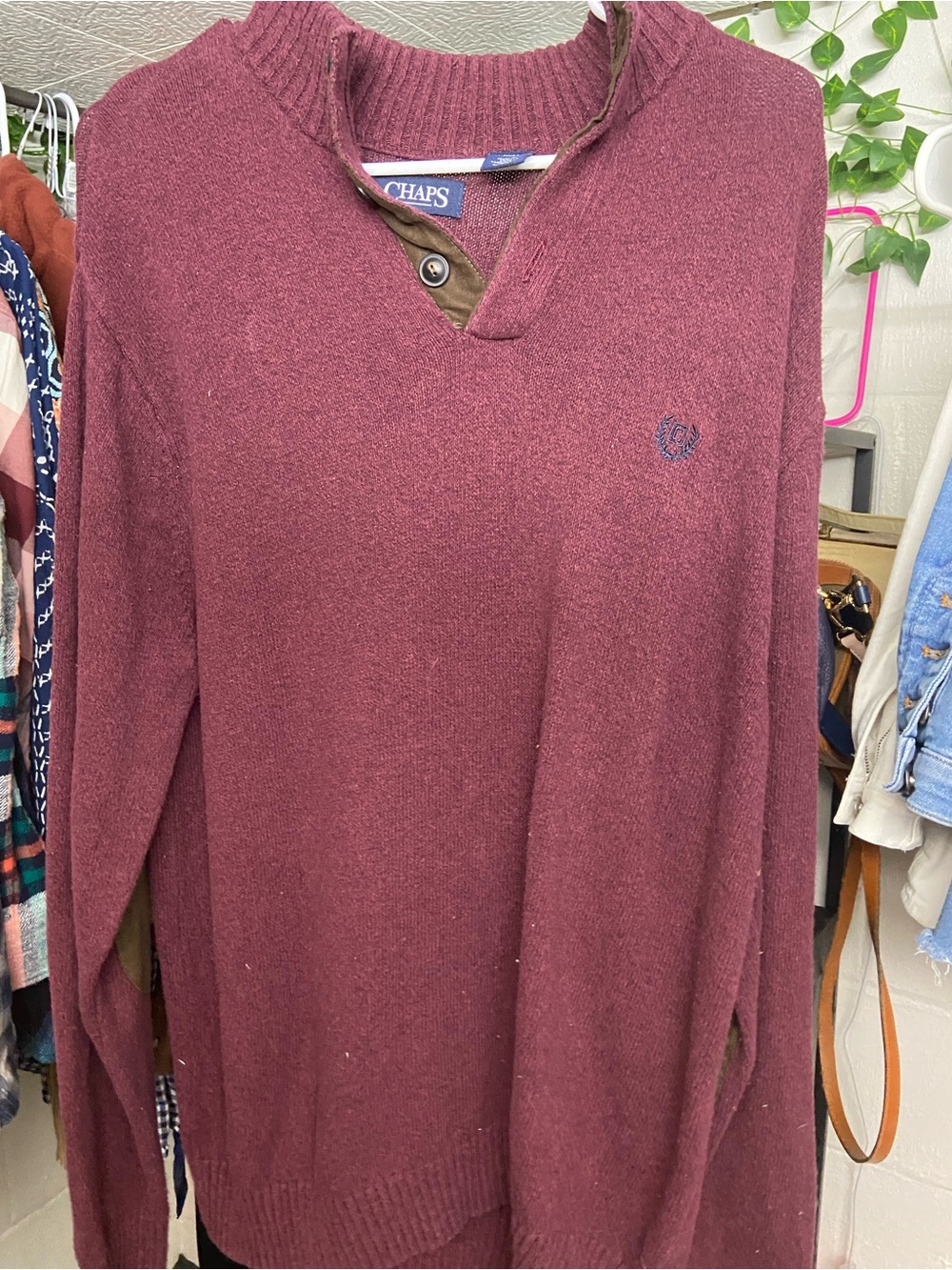 Chaps Men's-Style V-Neck Button-Trim Sweater in Wine